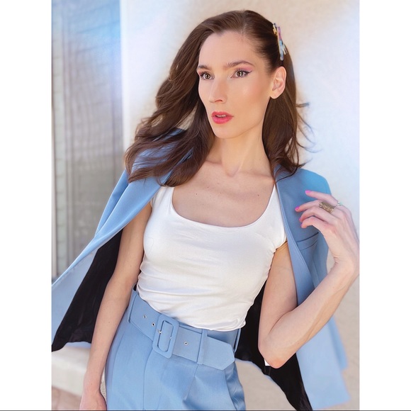 💙SOLD ZARA 2 PIECE ✨NWT✨ Powder Blue Pantsuit Lapeless Blazer & Belted Pants - Picture 3 of 9